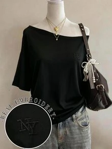 Lalippa 女款黑色紐約 NY 字母刺繡寬鬆露肩短袖 T 恤，休閒夏季上衣，黑色休閒短袖，優雅舒適設計，休閒出遊 T 恤，極簡圓領 T 恤，送給朋友的禮物 - 淺灰色 - 查看 3