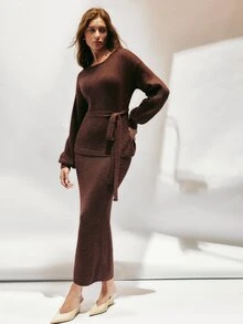 SHEIN Women's Solid Color Knitted Long Sleeve Top With Waist Tie And Skirt 2 Pieces Set - Brown - View 5