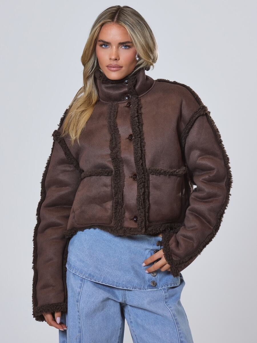 MUSERA Jaket Crop Top Kancing Depan Berbahan Suede Cokelat dengan Trim Bulu Imitasi untuk Musim Gugur/Musim Dingin, Gaya Keren untuk Kembali ke Sekolah/Liburan. - Coffee Brown - View 1