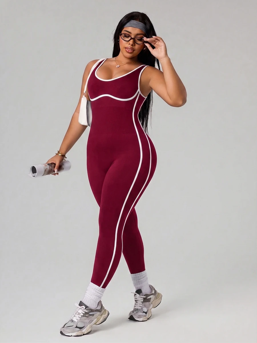 SHEIN Rhythm Era Women's Plus Size Colorblock Trim Sleeveless Fitted Athletic Jumpsuit - Burgundy - View 1