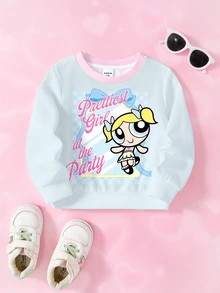 THE POWERPUFF GIRLS X SHEIN Baby Girl Letter Cartoon Print Crew Neck Long Sleeve Casual Sweatshirt - White - View 1