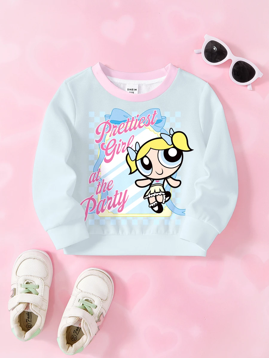 THE POWERPUFF GIRLS X SHEIN Baby Girl Letter Cartoon Print Crew Neck Long Sleeve Casual Sweatshirt - White - View 1