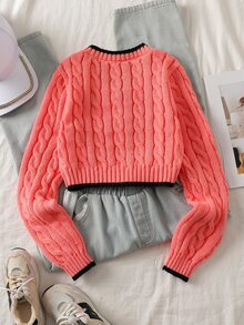 SHEIN 少女復古刺繡麻花針織時尚長袖毛衣 - 粉色 - 查看 2
