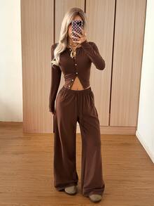 SHEIN EZwear Women's Solid Color Pleated Long Sleeve Top And Pants Casual Daily Set Going Out Dark Brown Winter - Coffee Brown - View 6