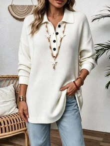 Breezaya Sweater Wanita Warna Polos Kasual Serbaguna untuk Harian Lengan Panjang Off White Musim Gugur untuk Brunch - Putih - View 5