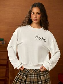 HARRY POTTER X SHEIN Women's Casual Letter Print Sweatshirt, Autumn - White - View 2