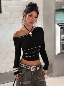 StreetHx 街頭風女款鉚釘裝飾長袖不對稱露肩T恤 - 黑色 - 查看 3