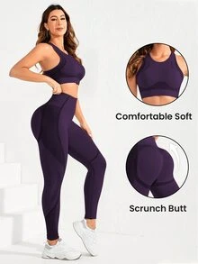 SHEIN Sports 女款短版背心與緊身褲無縫高彈性運動套裝 - 紫色 - 查看 3