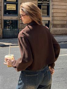 DAZY Women's Deep Brown Wool Blend Short Jacket, Loose Casual Streetwear Commuter Style With Turn-Down Collar And Large Pockets, Autumn/Winter - Brown - View 14