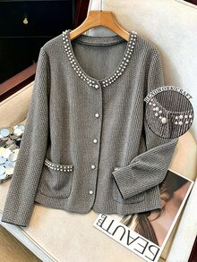 GlowEve CURVE Plus Size Women's Grey Mixed Texture Pearl Pocket Elegant Office Jacket, Suitable For Daily Outings, Commuting, Office - Black and White - View 1