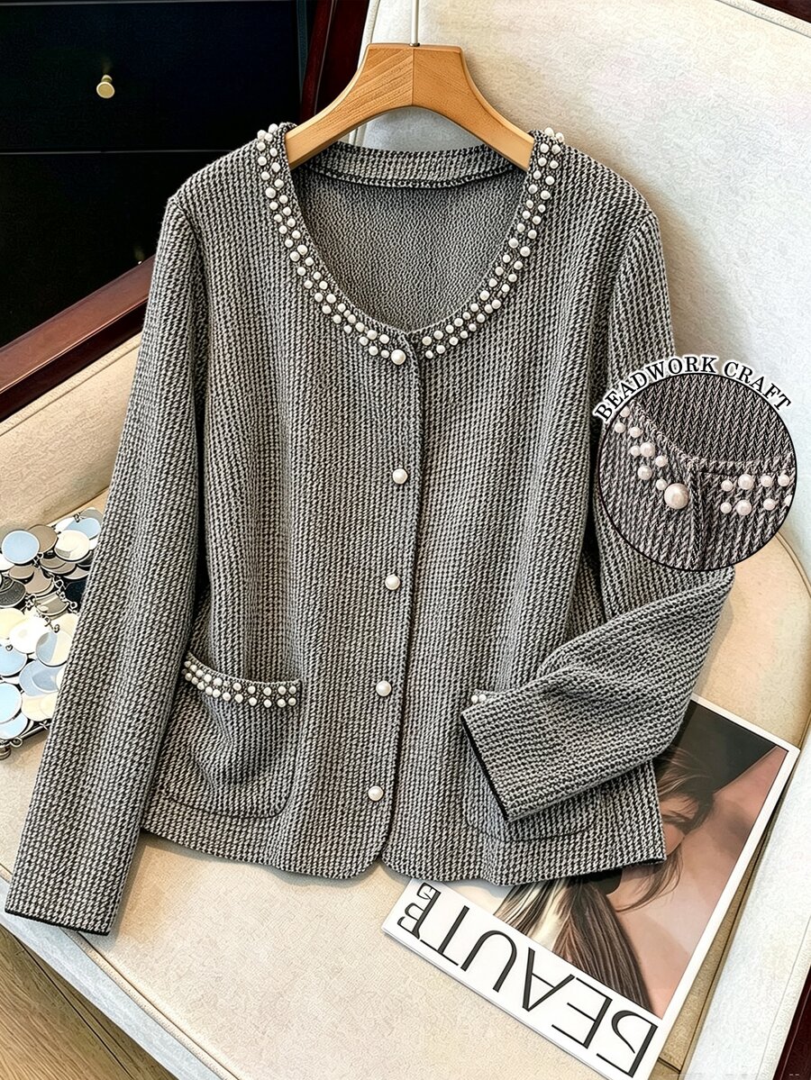 GlowEve CURVE Plus Size Women's Grey Mixed Texture Pearl Pocket Elegant Office Jacket, Suitable For Daily Outings, Commuting, Office - Black and White - View 1