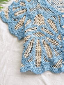 Soleia 女款度假海灘風藍色對比滾邊刺繡針織上衣 - 彩色 - 查看 5