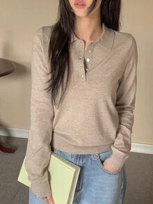 DAZY 女款純色修身長袖 Polo 領休閒度假韓風秋冬針織毛衣 - 粉色 - 查看 2