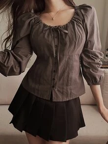 DAZY 女款純色前綁帶單排扣休閒襯衫 度假風 - 棕色 - 查看 5