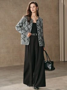 Anewsta Women's Winter Loose Comfortable Grey Knit Cardigan With Diamond Pattern For Outdoor Wear - Grey - View 7