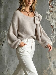 LUMIGAL Women's Fall/Winter Crew-Neck Loose-Fitting Pullover Sweater, With Bow Decoration, Suitable For Daily Wear And For Casual Outings. - Khaki - View 4