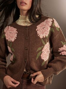 WESTFADE Flower Intarsia Button Front Long Sleeve Brown Cardigan Sweater, Fall Winter 2026, Western Style, Cowgirl Clothing, Rodeo, Female Country Look, Autumn - Multicolor - View 1