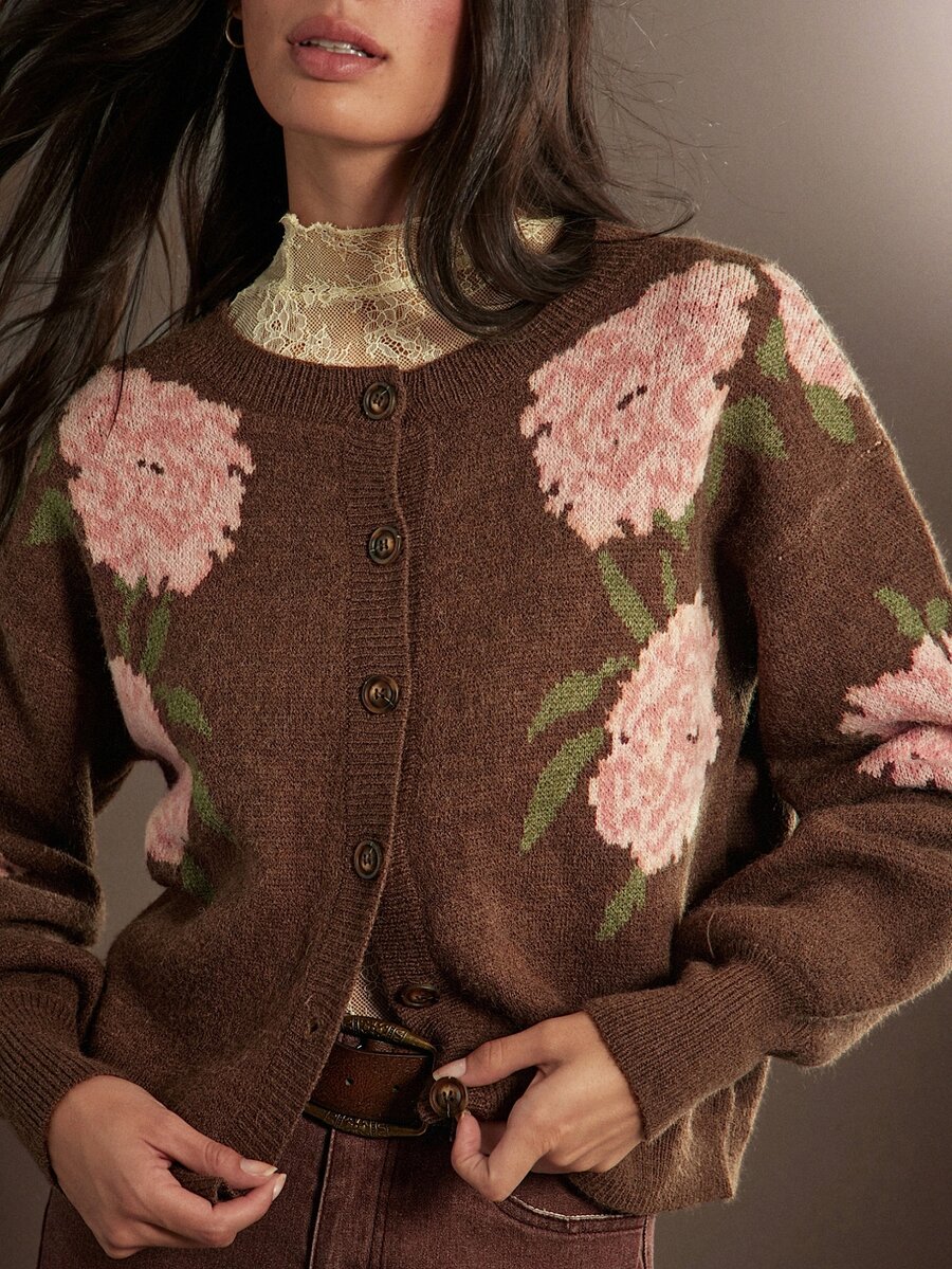 WESTFADE Flower Intarsia Button Front Long Sleeve Brown Cardigan Sweater, Fall Winter 2026, Western Style, Cowgirl Clothing, Rodeo, Female Country Look, Autumn - Multicolor - View 1