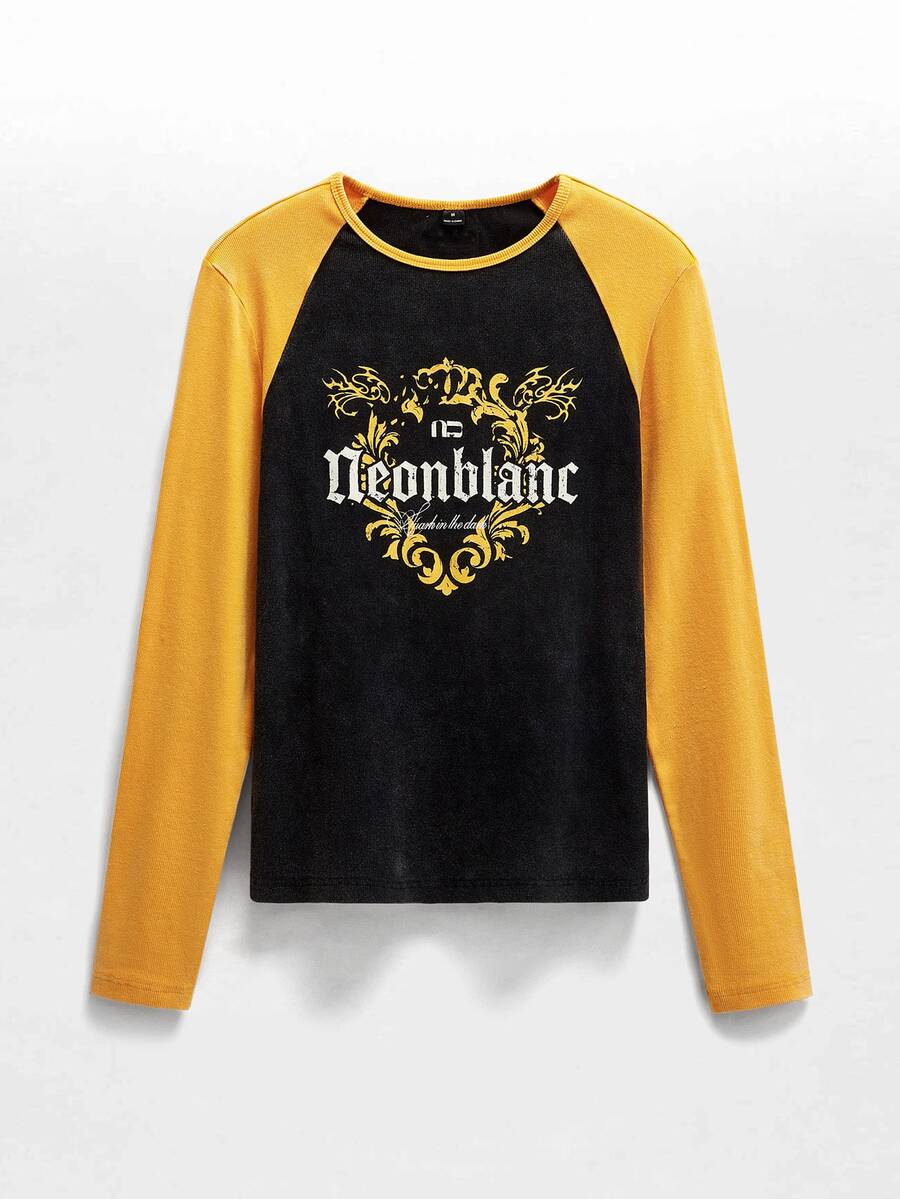 NEON BLANC Men's Colorblock Patchwork Letter Print T-Shirt Halloween Winter Party Autumn - Black - View 1