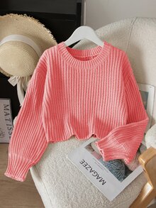SHEIN Tween Girl Solid Color Crew Neck Casual Daily Long Sleeve Sweater - Pink - View 1
