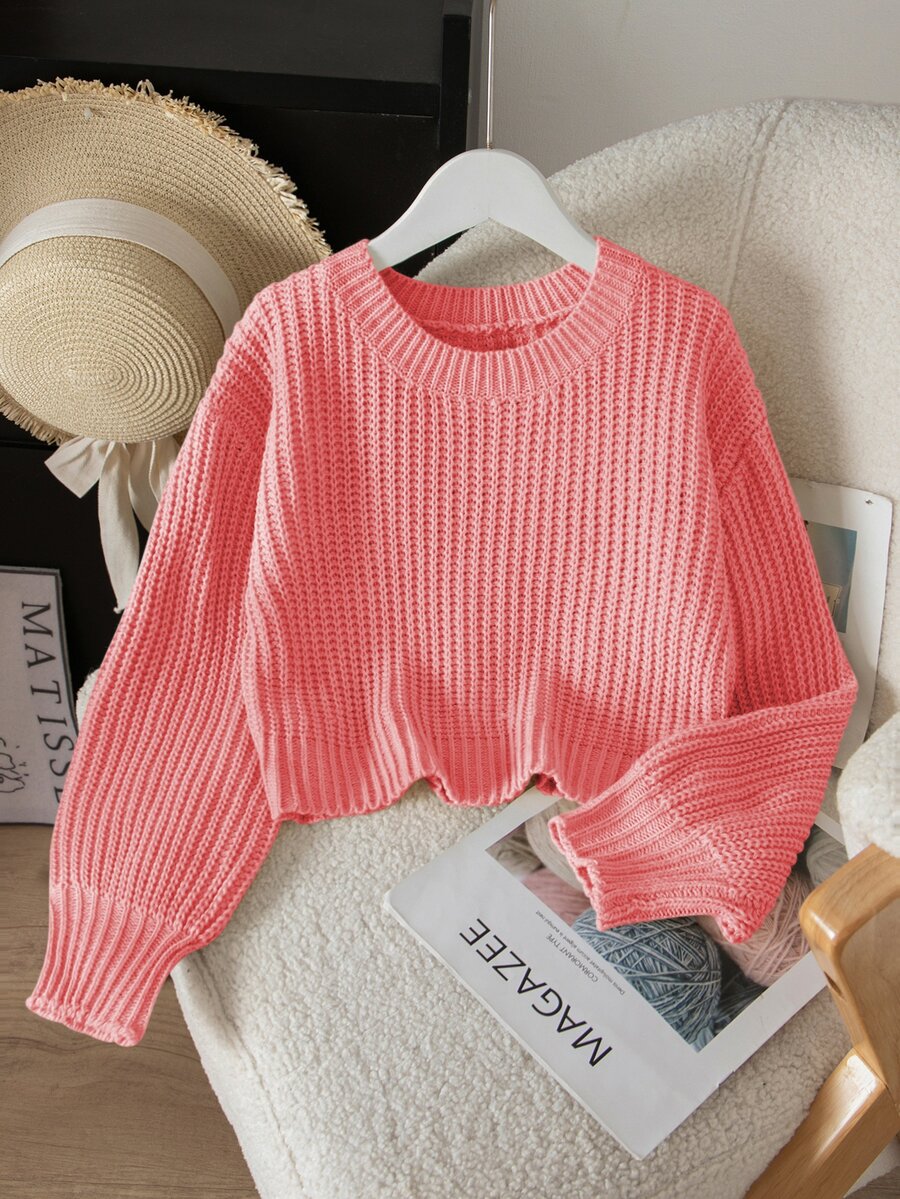 SHEIN Tween Girl Solid Color Crew Neck Casual Daily Long Sleeve Sweater - Pink - View 1