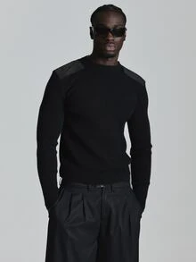 Musero Slim Fit Military Ribbed Knit Jumper With Contrast Applique Shoulder Patches Autum Winter Essentials - Black - View 1