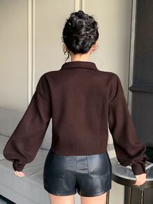 DAZY Women's Deep Brown Wool Blend Short Jacket, Loose Casual Streetwear Commuter Style With Turn-Down Collar And Large Pockets, Autumn/Winter - Brown - View 3