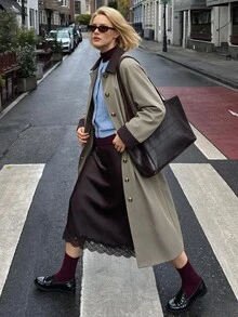 Struktiv Jaket Trench Coat Panjang Abu-Hijau untuk Wanita, Pakaian Kasual Sehari-hari, Musim Gugur/Dingin - Hijau - View 5