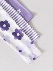 SHEIN 女童 3 件組印花套裝，花卉條紋荷葉袖，可愛甜美優雅舒適，適合外出，春夏季秋季 - 彩色 - 查看 7