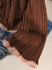 CosyJoli Plus Size Casual Lace Trim Tie-Front Cardigan, Autumn/Winter - Brown - View 5