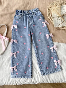 SHEIN LMoss Kids 女童寬鬆寬腿牛仔藍色牛仔褲，夏季波希米亞風薄款牛仔寬腿褲，牛仔女孩風 - 藍色 - 查看 3
