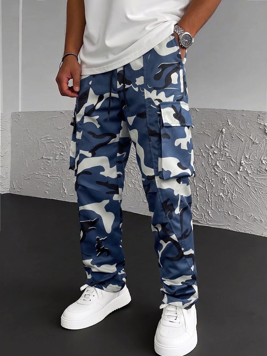 Manfinity Homme Men's Camouflage Print Drawstring Waist Loose Cargo Pants - Multicolor - View 1