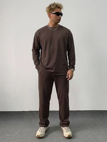 DAZY 男士春秋長袖T恤與彈性腰長褲套裝 - 棕色 - 查看 6