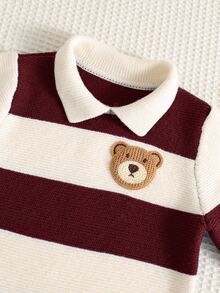 SHEIN Newborn Baby Boy & Girl Autumn/Winter Cute Colorblock Cartoon Pattern Polo Collar Long Sleeve Romper Bodysuit Striped Sweater Romper Infant Sweater Romper - Multicolor - View 7