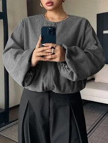 Livesso Small Round Neck Loose Lantern Sleeve Design Jacket, New Autumn/Winter Blogger Casual Outfit Wool Blend - Grey - View 4