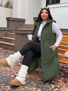 SHEIN EZwear 秋冬大尺碼加厚腰部抽繩可調節寬鬆長版外套，雙面穿 - 軍綠色 - 查看 4