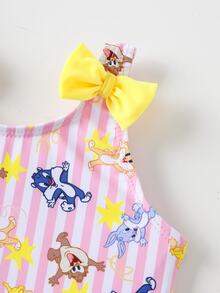 LOONEY TUNES X SHEIN Young Girl Striped Bow Decor Cute One-Piece Swimsuit - Multicolor - View 4