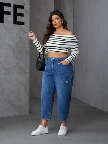 SHEIN PETITE CURVE Plus Size Casual Washed Distressed Denim Jeans - Blue - View 4