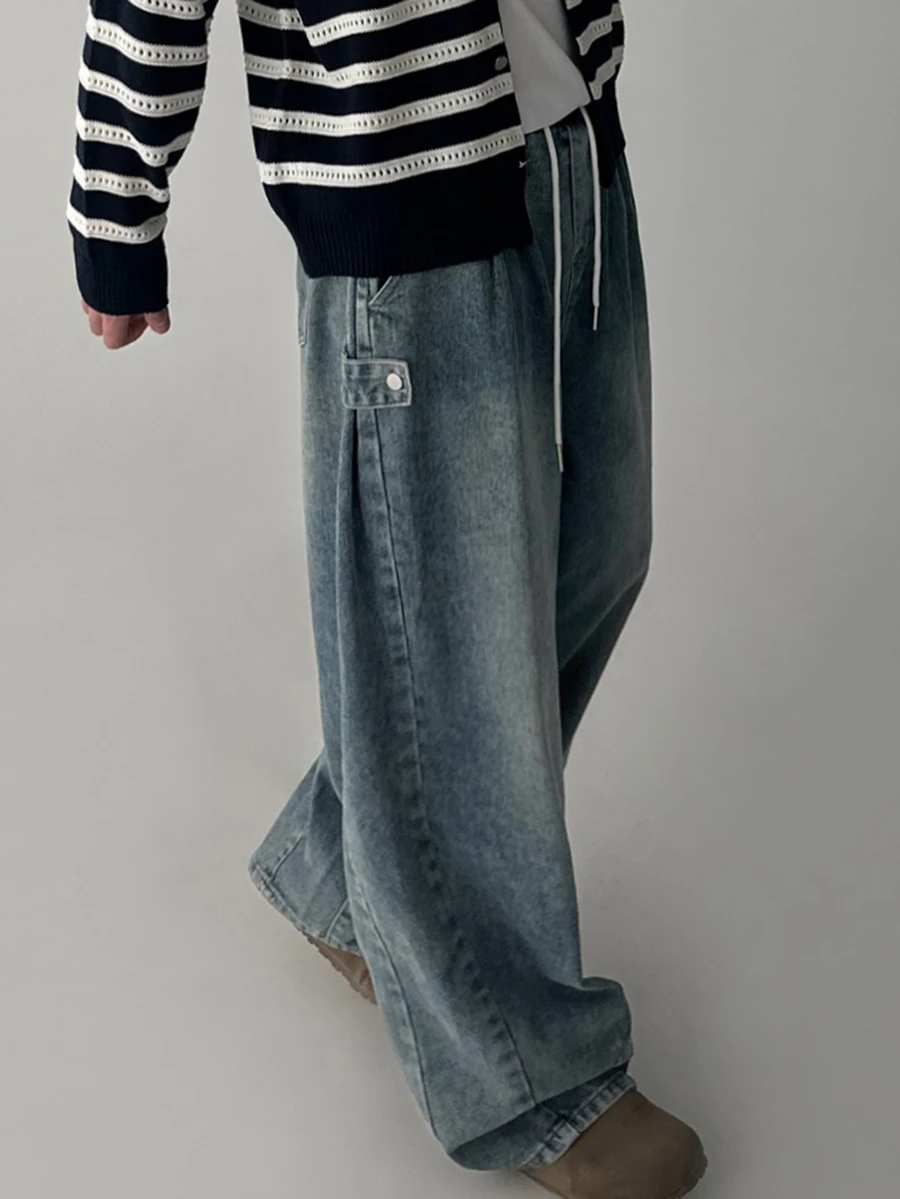 DAZY Spring/Autumn Washed Distressed Curved Leg Elastic Waist Drawstring Korean Style Men's Jeans - Blue - View 1