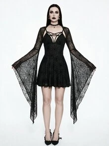 Glisette Romantic Lace Floral Ultra-Short Lace Oversized Bell Sleeve Women's Top - Black - View 1