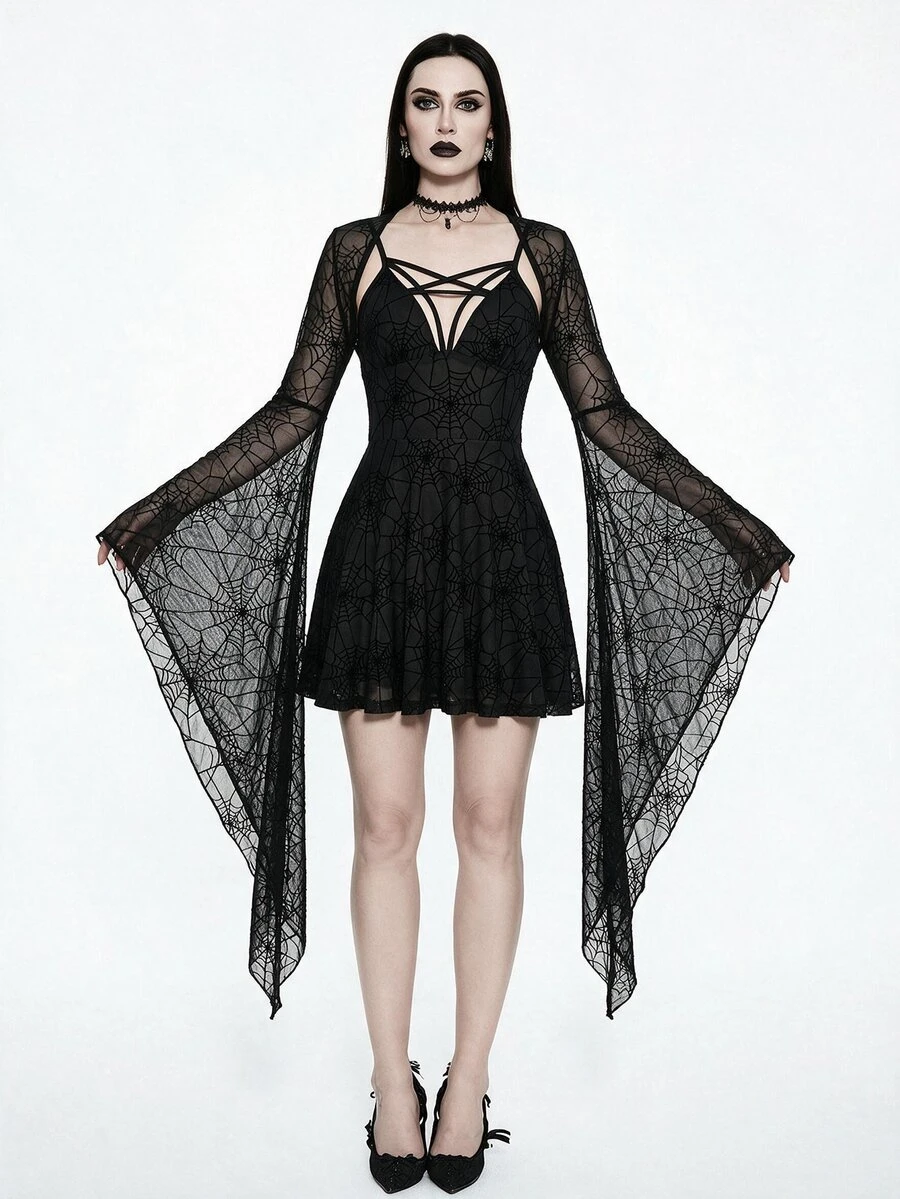 Glisette Romantic Lace Floral Ultra-Short Lace Oversized Bell Sleeve Women's Top - Black - View 1