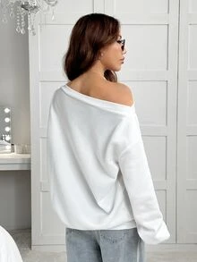 SHEIN EZwear Plus Size Women's Solid Color Asymmetric Neck Drop Shoulder Long Sleeve Casual T-Shirt Fall - White - View 2