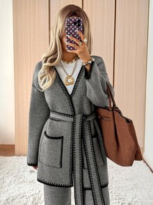 SHEIN EZwear Women's Fashion Long Sleeve Contrast Color Pocket Knit Cardigan - Grey - View 6