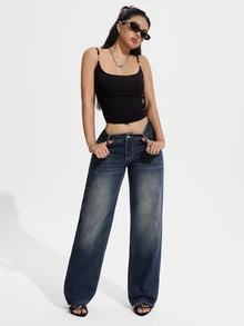 Jeanoix Fall Casual Y2K Low Rise Wide Leg Blue Denim Going Out Washed Comfortable Plus Size Jeans For Women - Dark Wash - View 6
