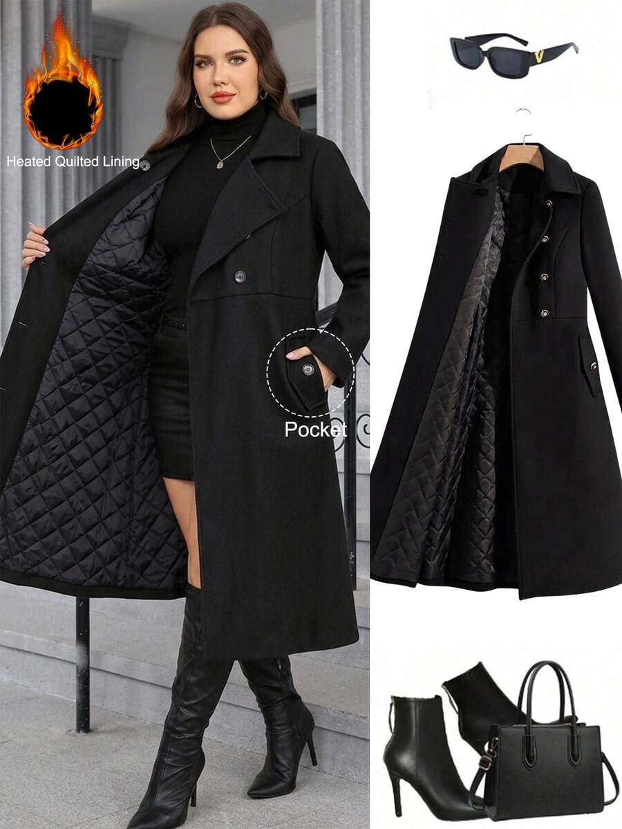 Easowa Curve Plus Size Women's Solid Color Lapel Neck Long Sleeve Casual Wool Blend Jacket - Black - View 1