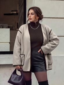 Firerie Plus Size Women's Piped Trim Dropped Shoulder Long Sleeve Casual Wool Blend Jacket - Khaki - View 5