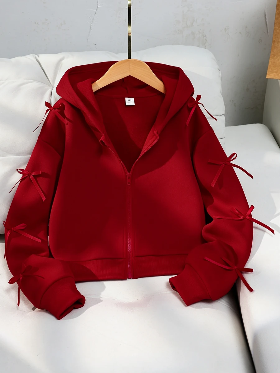 SHEIN Sparklyn Áo khoác cardigan có mũ kéo khóa trang trí nơ màu trơn phong cách thường ngày cho bé gái tuổi teen, mùa thu tựu trường - Đỏ - Xem 1