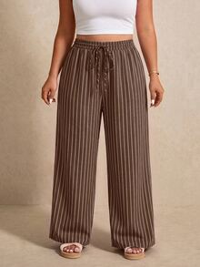 Elaquor Plus Size Women's Striped Casual Daily Wear Long Pants - Coffee Brown - View 3