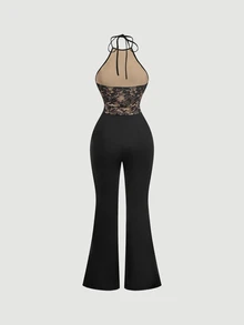 SHEIN MOD Women's Lace Patchwork Backless Halter Neck Jumpsuit - Black - View 6