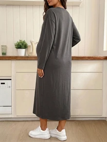 Dazy Maternity Letter Print Loose Long Sleeve Maxi Casual Daily Vacation Spring Autumn Maternity Dress - Grey - View 2